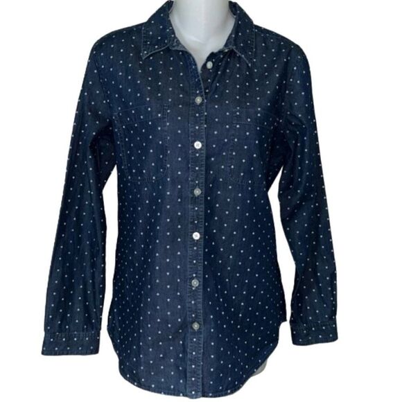 LOFT The Softened Shirt Chambray White Hearts Print Valentine's Day NWOT Small - Picture 1 of 11